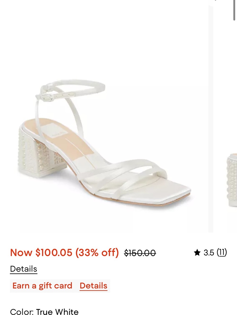 Dolce Vita True White Strappy Block Heel Sandal with Pearl-Embellished Heel